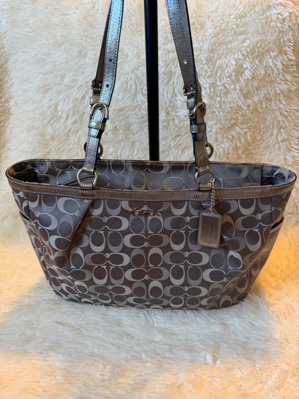 Coach Gallery Signature Tote Gray Metallic Canvas